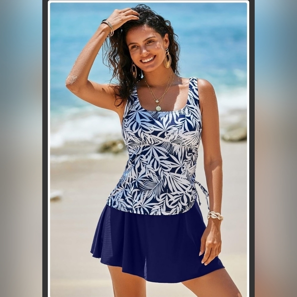 Women's Blue Leaf Print Tankini With Skirt Swimwear - Picture 2 of 5